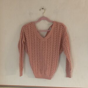 Blue Rain Cotton V-Neck Knit Sweater w/Back Twist, Size M, Pink